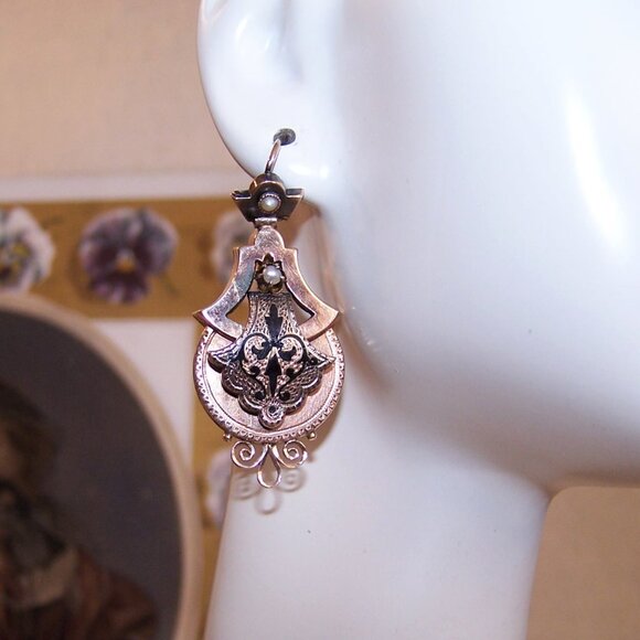 Antique 14K Gold Taille D'Epergne Enamel Pearl Dangle Earrings - Hook Findings - Picture 2 of 10